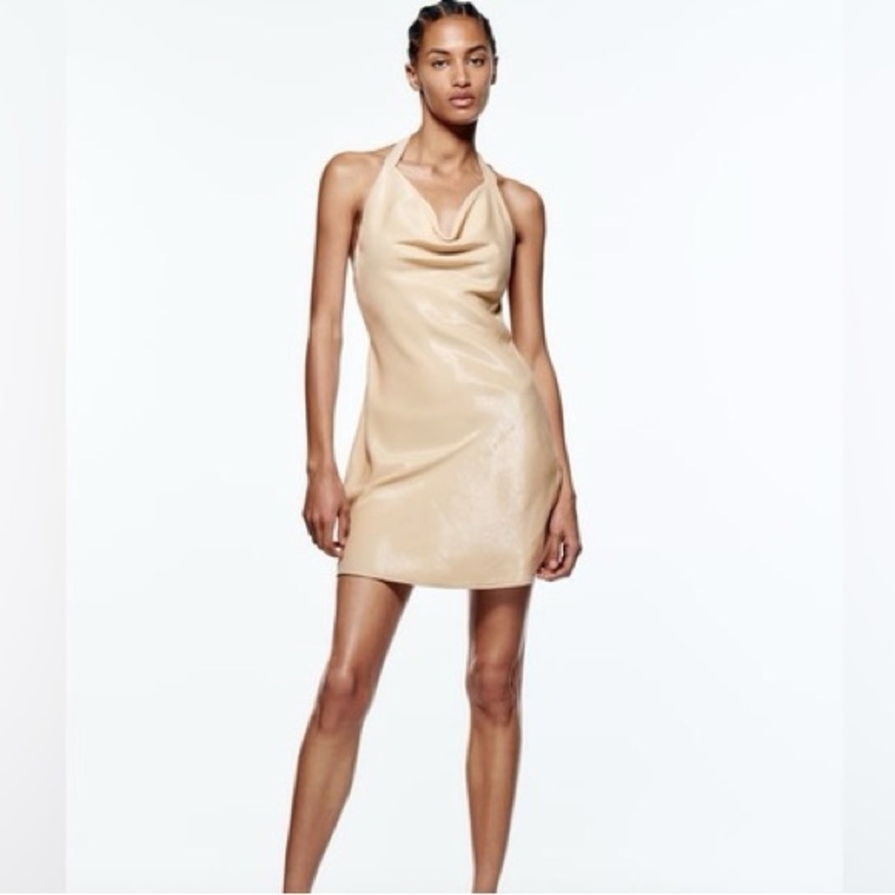 Zara Metallic Cream/Beige Halter Dress - S